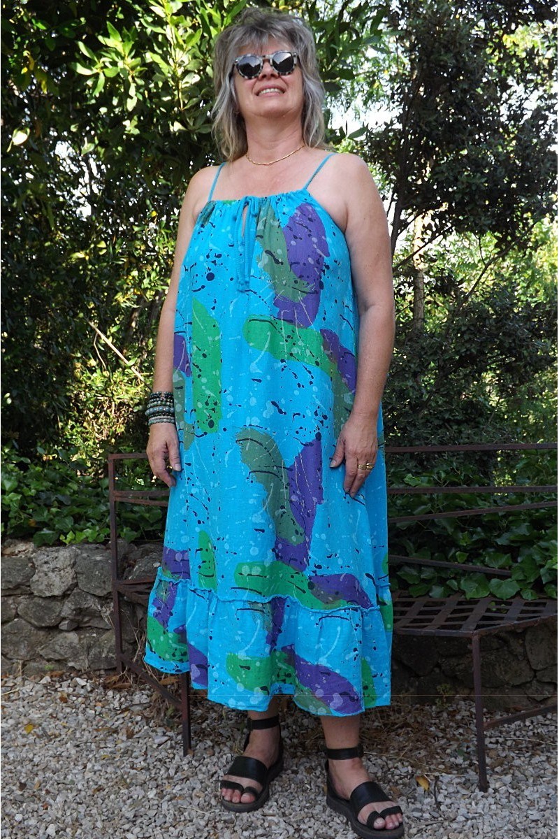 Robe longue lin à fines bretelles bleue céleste