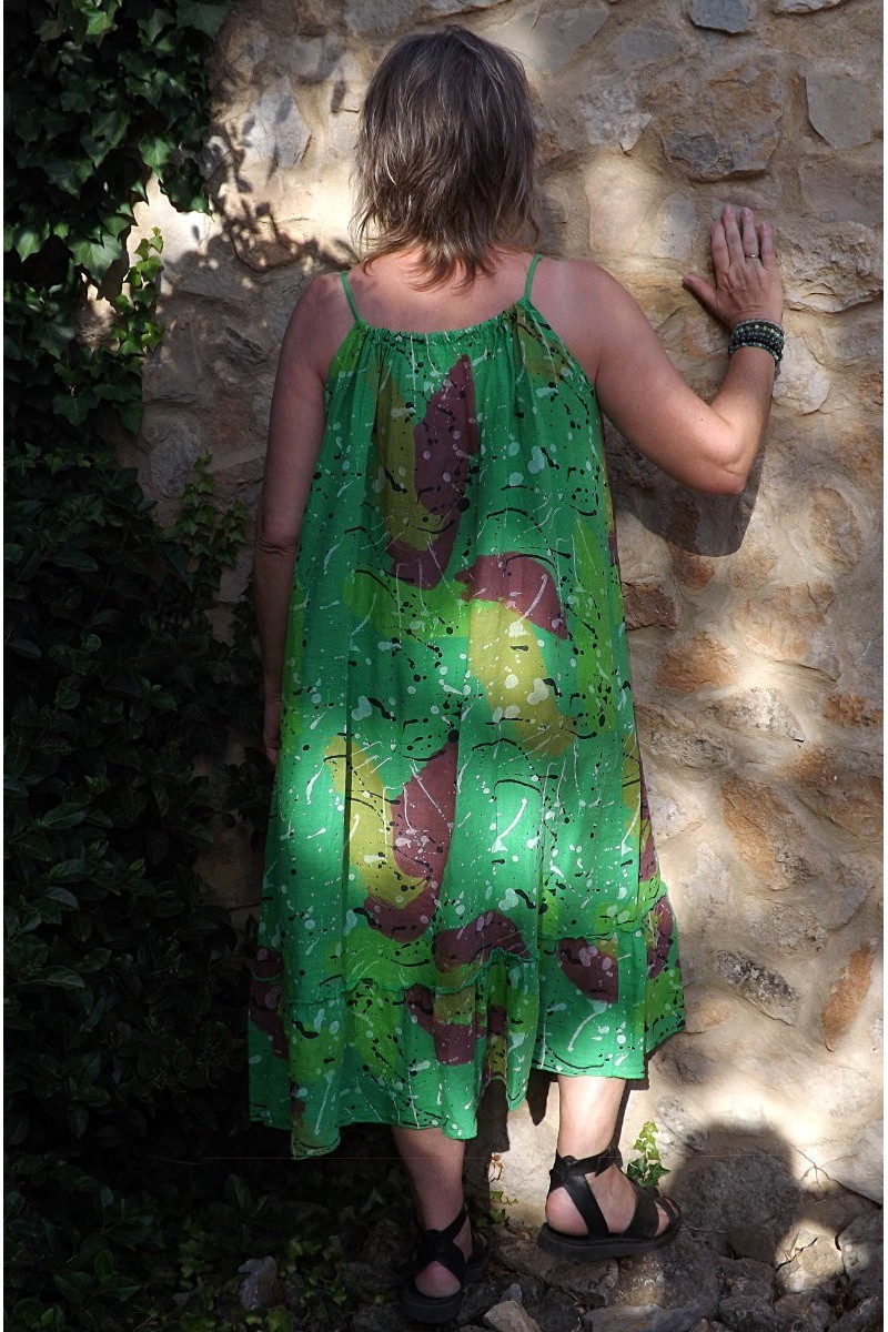 Robe longue lin à fines bretelles vert pop