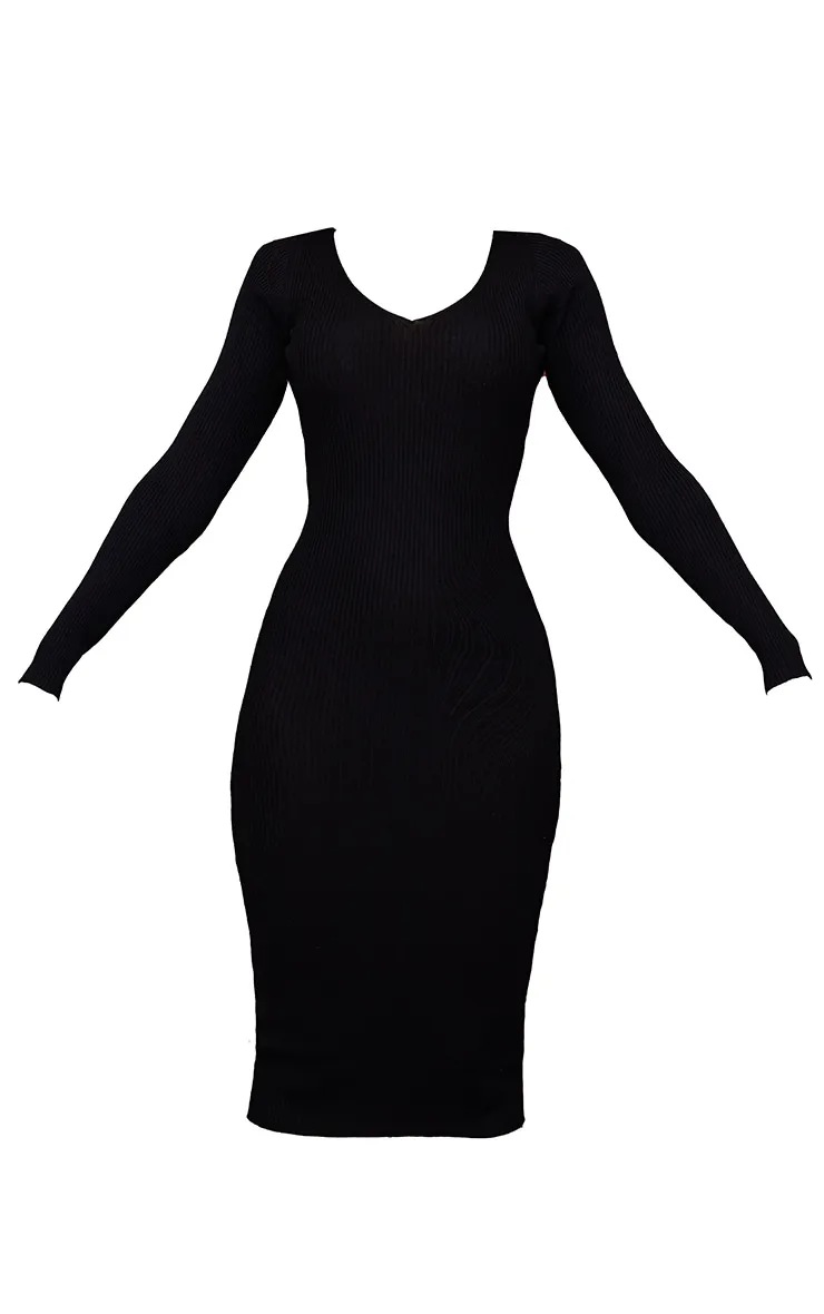 Robe mi-longue en maille noir ébène à col en V