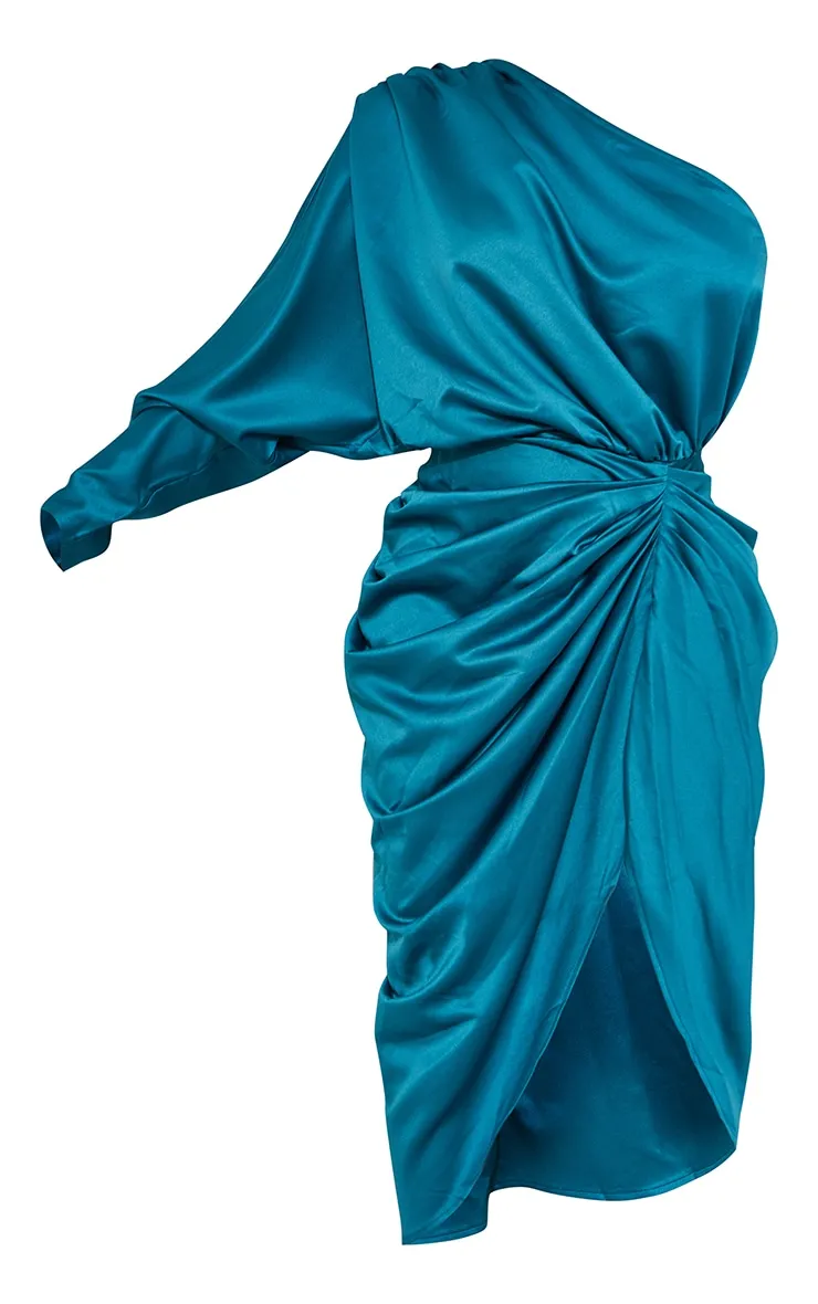 Robe mi-longue satinée drapée vert émeraude à épaule unique