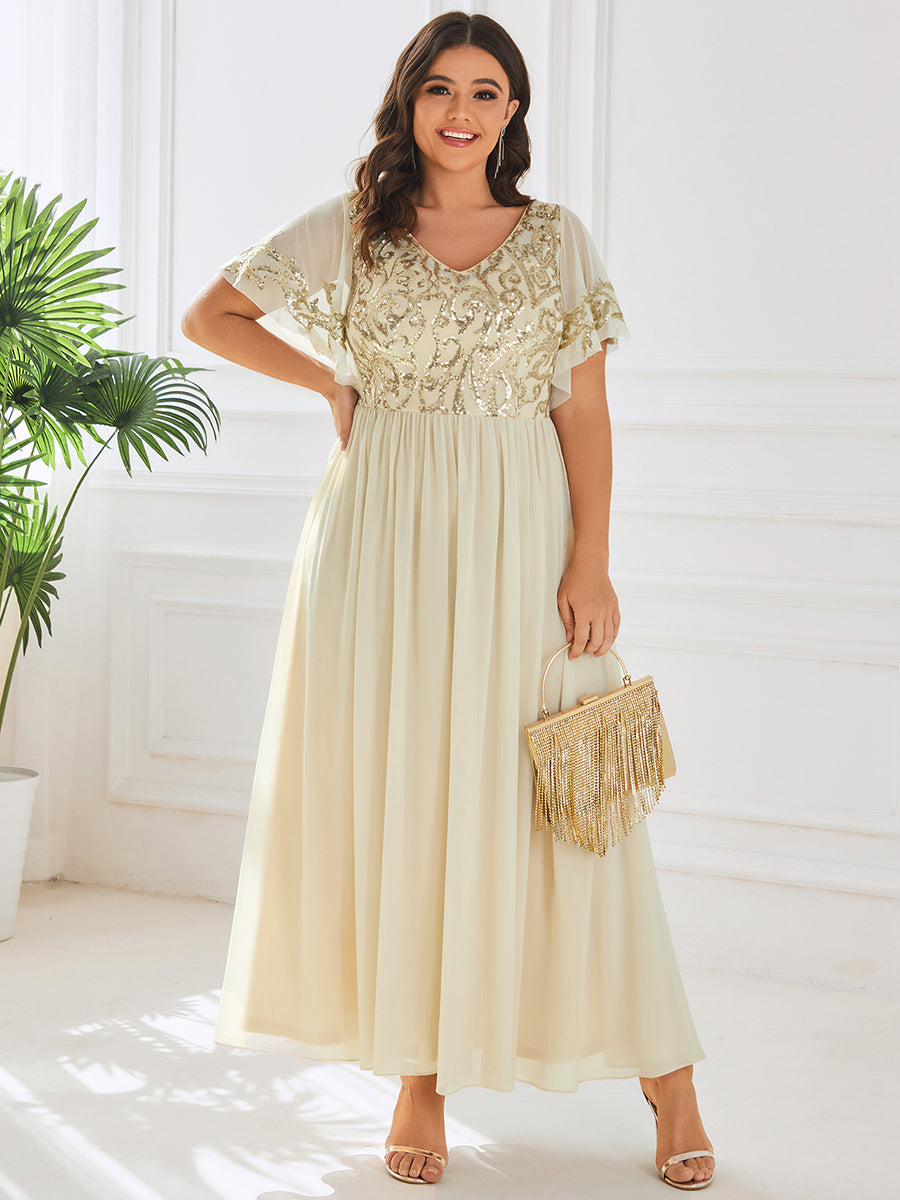 Robe Mère de la Mariée Col en V Manches Courtes Corsage à Paillettes Grande Taille