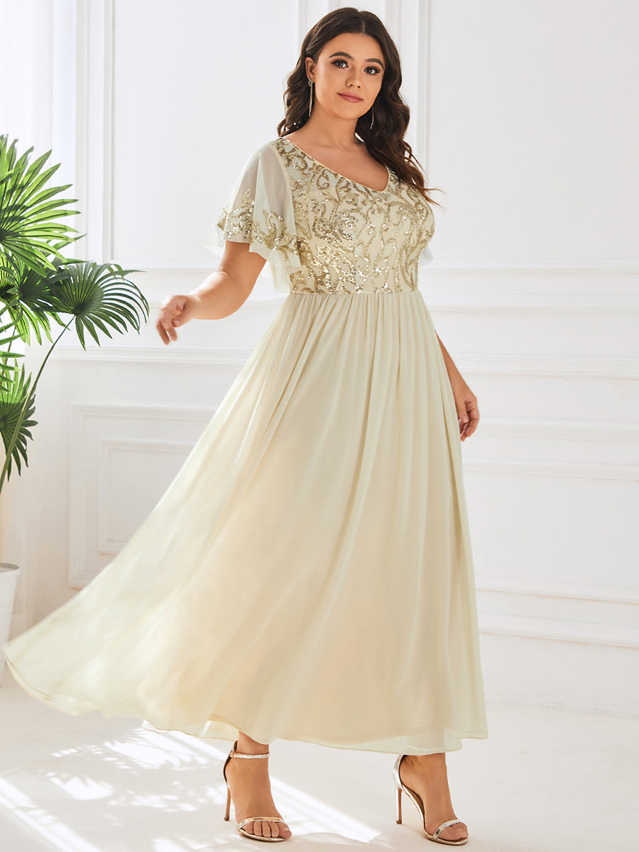 Robe Mère de la Mariée Col en V Manches Courtes Corsage à Paillettes Grande Taille