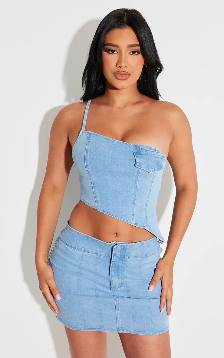 Shape Crop top en jean bleu clair délavé asymétrique à détail coutures