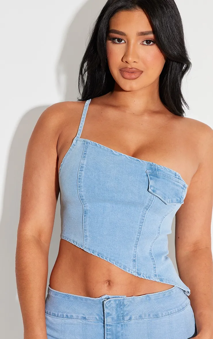 Shape Crop top en jean bleu clair délavé asymétrique à détail coutures