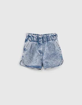 Short en jean medium blue taille haute élastiquée fille