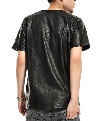 T shirt en cuir peau de serpent noir manches courtes simili cuir