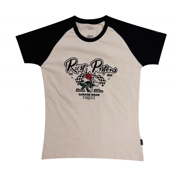 T-shirt femme kustom Rusty Pistons. T-shirt femme raglan noir.