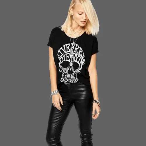 T-shirt rock Tête de mort typographie pour femme