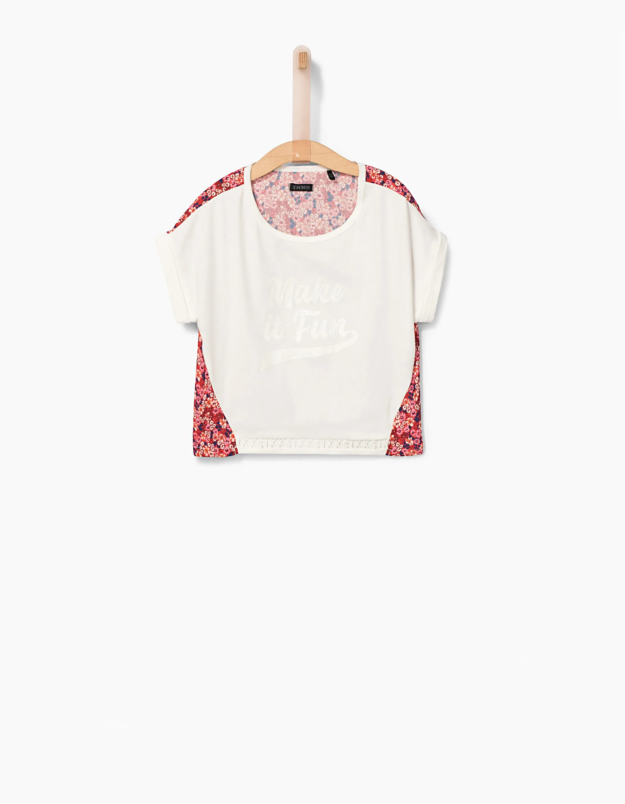 Tee-shirt cropped blanc cassé et fleuri fille