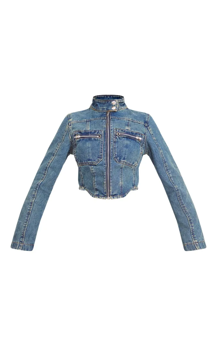 Veste en jean bleu indigo délavé vintage détail biker à ourlet incurvé