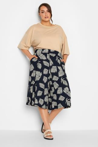 YOURS - Jupe-Culotte en Jersey Bleu Marine Feuilles