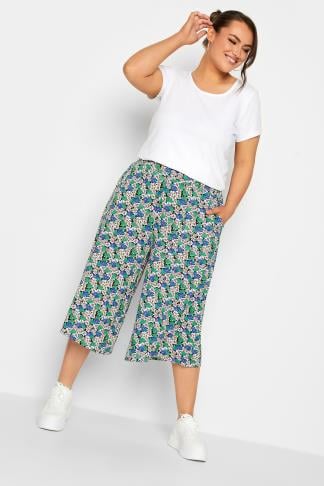 YOURS - Jupe-Culotte en Jersey Noir Floral Vert & Bleu