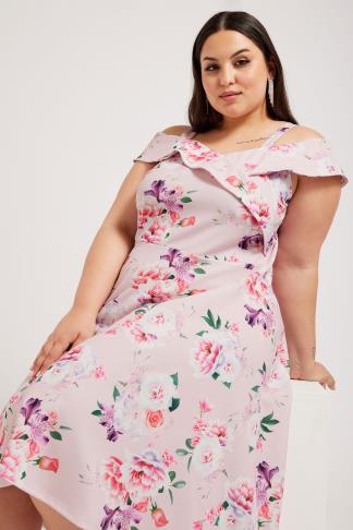 YOURS LONDON - Robe Rose Floral Bardot Ourlet Plongeant