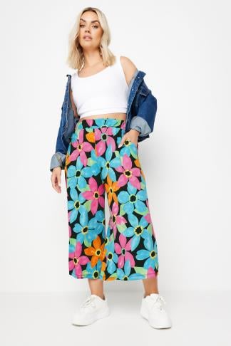 YOURS - Pantalon Jupe-Culotte Noir Floral Rose & Bleu en Jersey