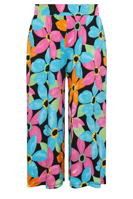 YOURS - Pantalon Jupe-Culotte Noir Floral Rose & Bleu en Jersey