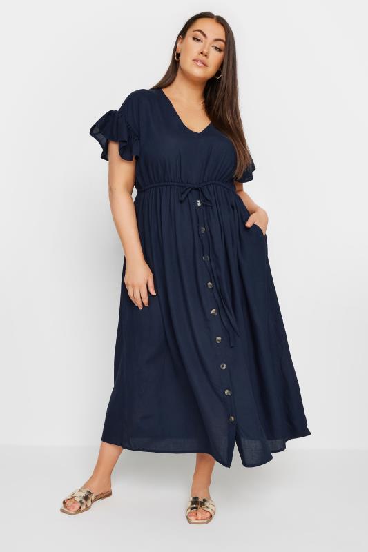 YOURS - Robe Maxi Bleue Marine en Lin