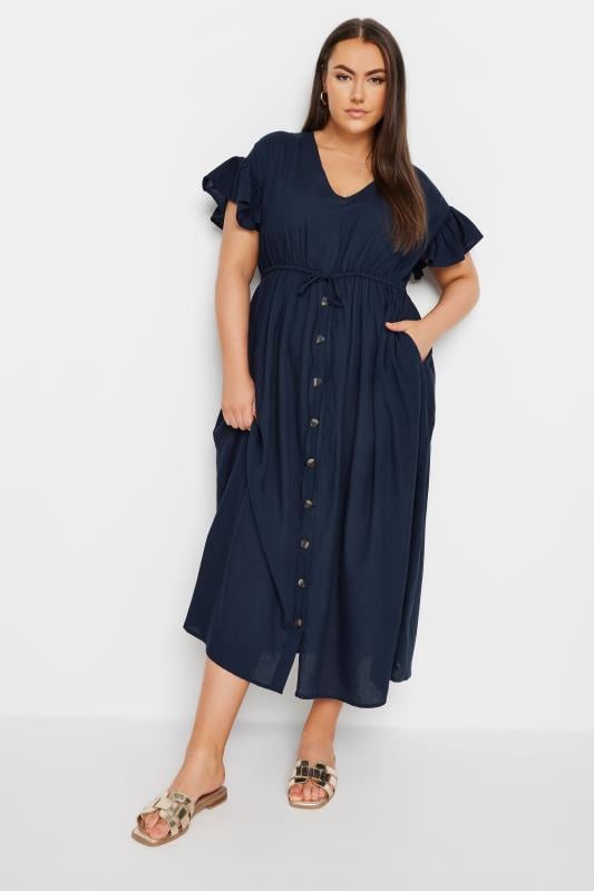 YOURS - Robe Maxi Bleue Marine en Lin