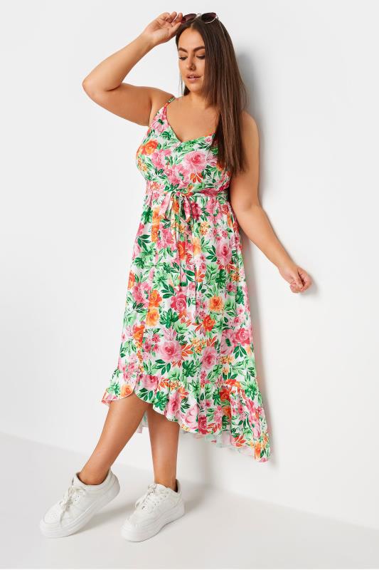 YOURS - Robe Midi Blanche Rose & Verte Floral Ourlet Plongeant