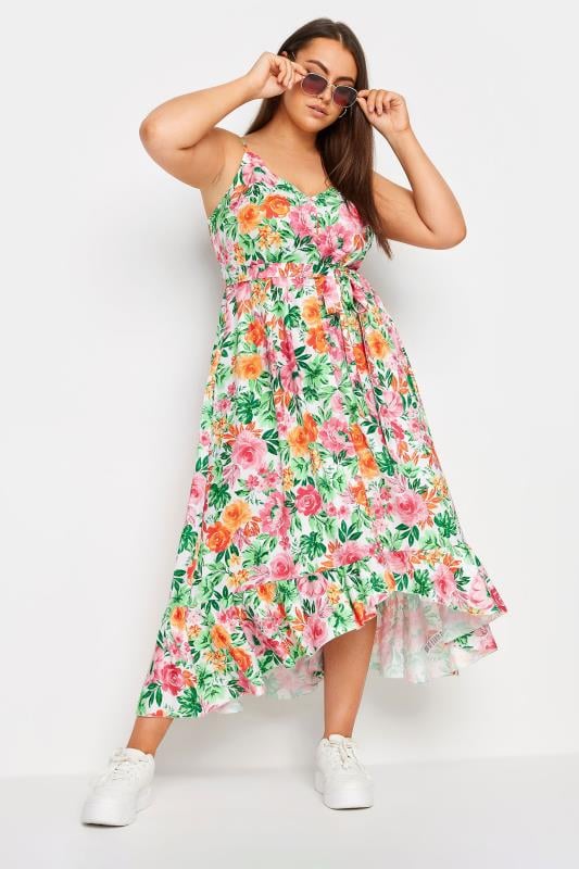 YOURS - Robe Midi Blanche Rose & Verte Floral Ourlet Plongeant