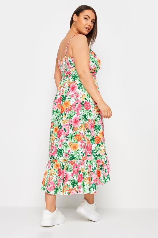 YOURS - Robe Midi Blanche Rose & Verte Floral Ourlet Plongeant