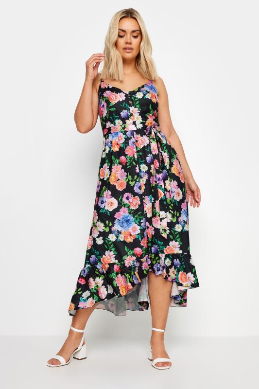 YOURS - Robe Midi Noire Floral Rose & Bleu Ourlet Plongeant