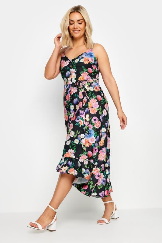 YOURS - Robe Midi Noire Floral Rose & Bleu Ourlet Plongeant