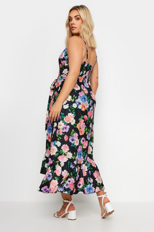 YOURS - Robe Midi Noire Floral Rose & Bleu Ourlet Plongeant