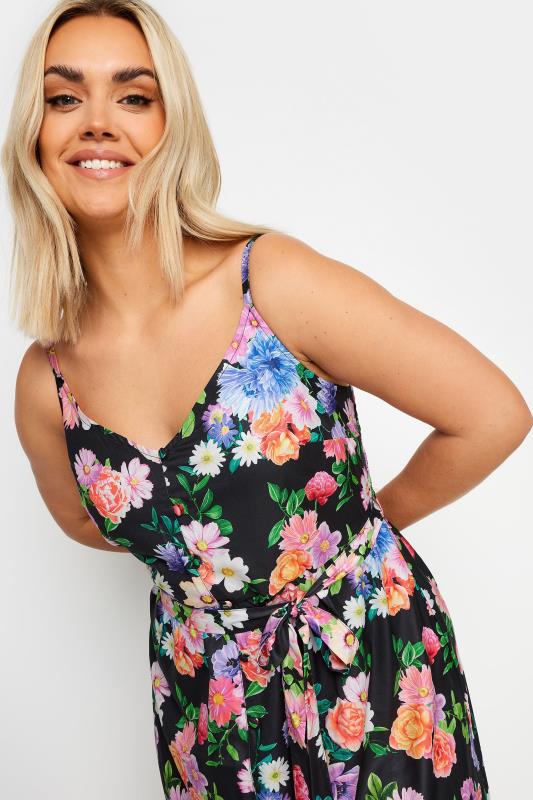 YOURS - Robe Midi Noire Floral Rose & Bleu Ourlet Plongeant