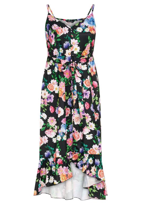 YOURS - Robe Midi Noire Floral Rose & Bleu Ourlet Plongeant